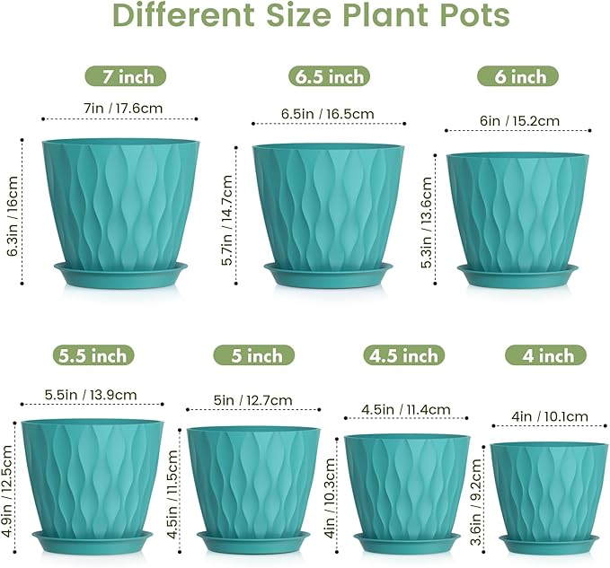 7/6.5/6/5.5/5/4.5/4 inch Plant Pots for Indoor Outdoor Plants, 7 Pack Thick Flower Pots with Drainage Holes and Saucers, Modern Wave Texture Small Plastic Planters Nursery Pots, Blue Green