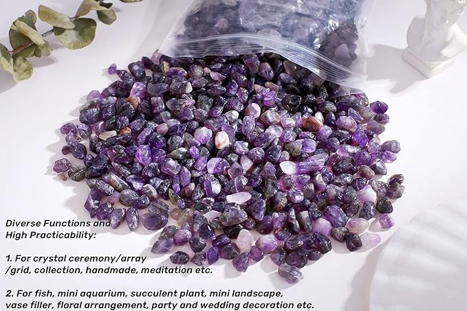 QINJIEJIE Amethyst Crystal Gravel Polished Rocks Chips Stones Pea Quartz 0.3-0.4" Tumbled Stone Crushed Natural Gem Gravel Home Decoration Small Pebbles Vase Filler Landscape Bottom Ornament 0.9lb