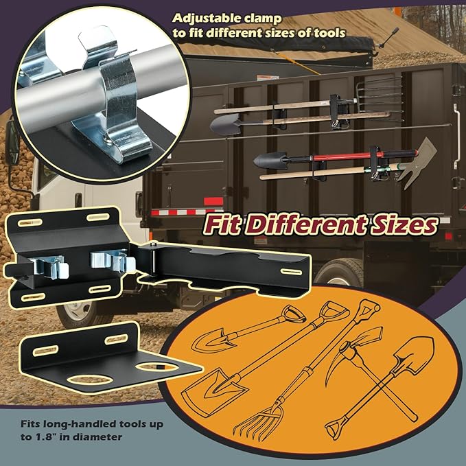 TOPOWN 2-Hole Heavy Duty Shovel Holder for Truck Bed with Double Fixation, Adjustable Landscape Tool Rack Truck Bed Mount for Shovels, Tool Holder for Rakes, Garden Tools, Farm Tools (Bed & Box Mount)