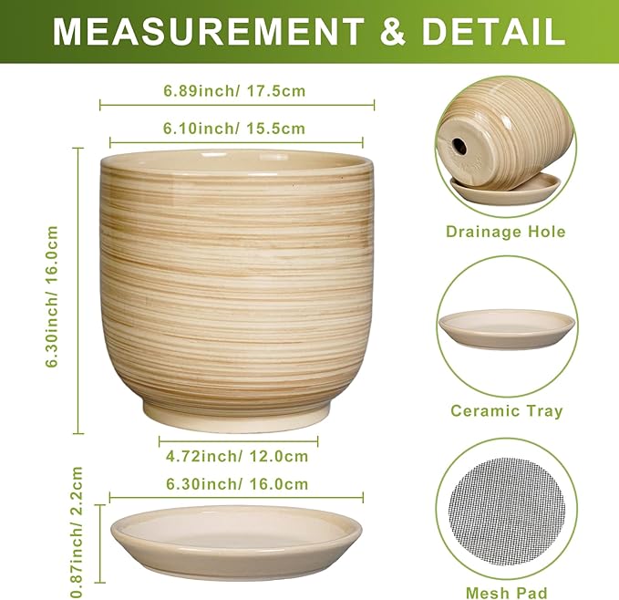 Ceramic Planter for Indoor Plants 7 Inch - Cylinder Modern Indoor Plant Pot with Drainage Hole and Saucer, Home Patio Office Bathroom Decor, Yellow