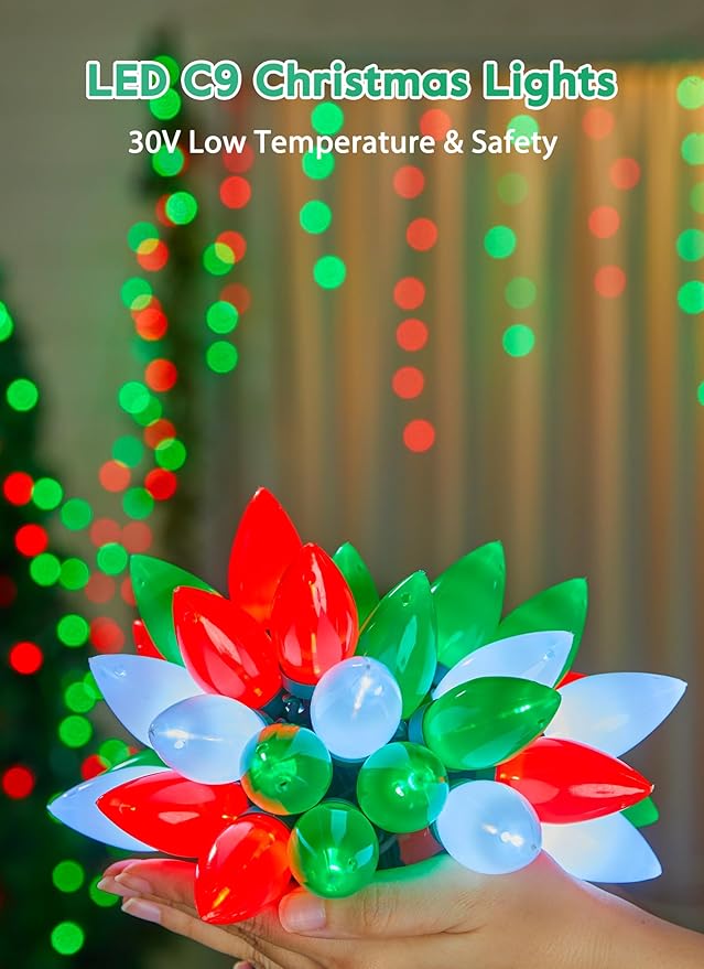 C9 Christmas Lights Outdoor Waterproof, 81 Feet 100 LED C9 String Lights with Timer & 8 Light Mode, Connectable Christmas Tree Lights for Indoor Outside Roofline Decoration, Red, Green & Pure White