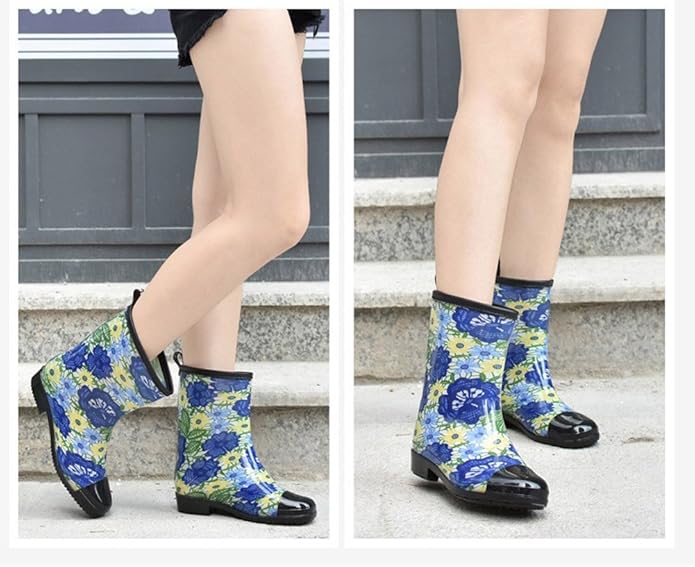 Women Half Calf Rubber Rainboots Leopard gerbera Red Floral Printed Waterproof Rubber Garden rain footwear