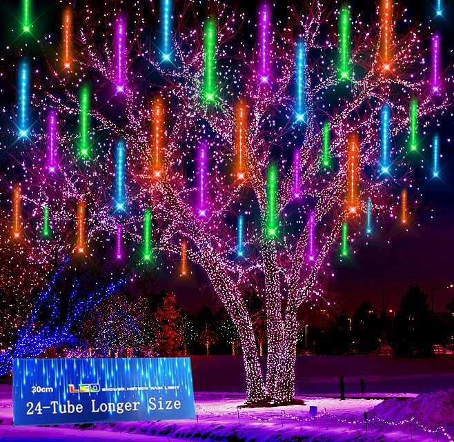 Kwaiffeo Halloween Lights, 24 Tubes Meteor Shower Lights(Equivalent to 3 Sets of 8-Tube) for Halloween Christmas Decorations Outdoor, Multi Color-Purple, Orange, Green and Icicle Blue