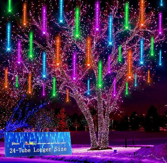 Kwaiffeo Halloween Lights, 24 Tubes Meteor Shower Lights(Equivalent to 3 Sets of 8-Tube) for Halloween Christmas Decorations Outdoor, Multi Color-Purple, Orange, Green and Icicle Blue