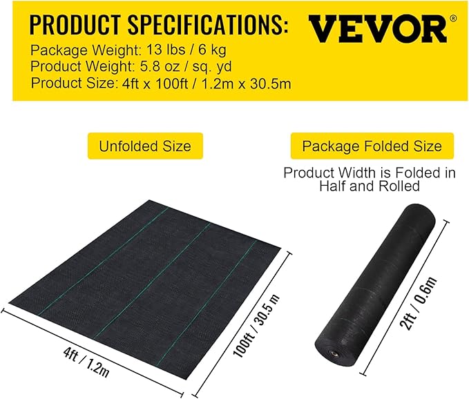 VEVOR Weed Barrier Fabric, Heavy Duty 4x100FT 5.8oz Woven Landscape Fabric, Garden Fabric Weed Barrier, Weed Control Fabric Ground Cover, Geotextile Fabric for Landscaping, Weed Block Gardening Mat