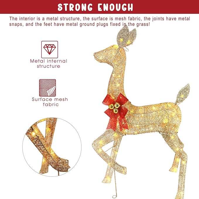 4ft Outdoor Christmas Reindeer Decor Set of 3 with 240 Warm White LEDs, Durable Metal Frame, Weatherproof Plush Fabric for Christmas Home Yard Garden Lawn Decorations, Easy Assembly, Gold