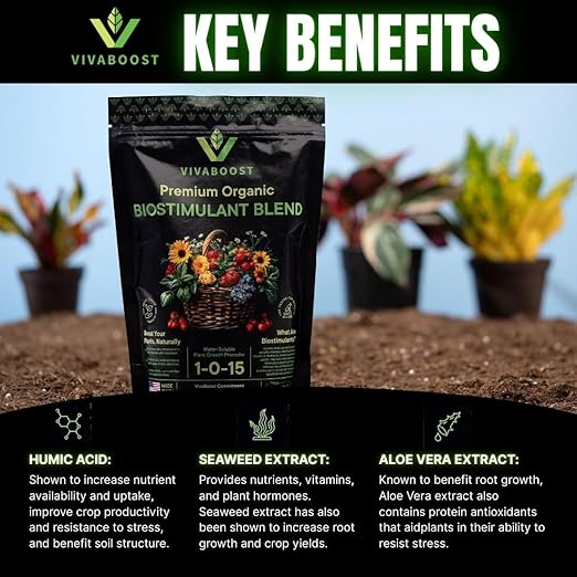 VivaBoost™ Premium Organic Biostimulant Blend, Made in USA, OMRI Listed Organic Fertilizer. Boost Vegetables, Blooms, and Indoor Plants. Fertilizer Booster, 1 Lb.