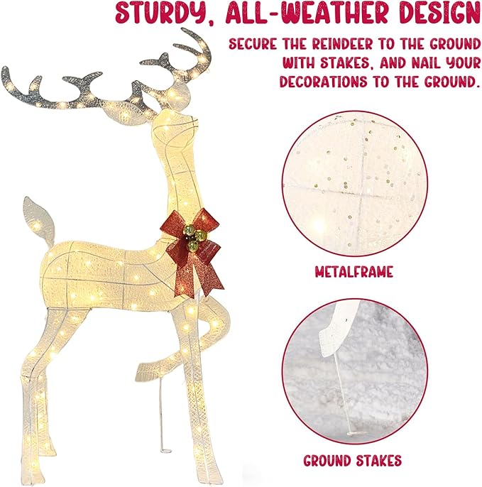 55" Outdoor Lighted Reindeer Christmas Decorations, 3-Piece Reindeer Family Set with 240 LEDs, Bells, Red Bows, Durable Weatherproof Metal Frame for Yard, Garden, Indoor Holiday Decor, White