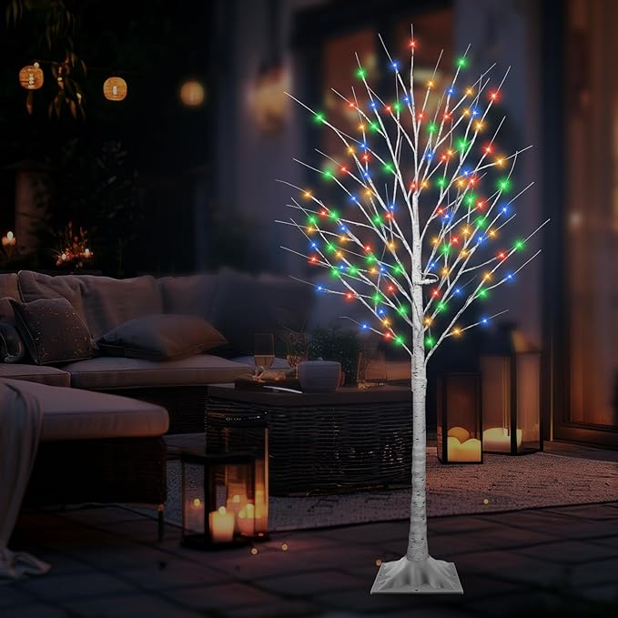 6FT Lighted Birch Tree with 130 LED Warm White and Multicolor Lights, 8 Modes, Timer Remote Faux Prelit Twig Christmas Tree with Lights for Indoor Outdoor Xmas Holiday Party Decoration