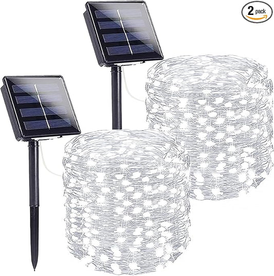 SANJICHA Extra-Long Solar String Lights Outdoor, 2-Pack Solar Powered Christmas Fairy Lights Waterproof, Silver Wire 8 Modes Solar Twinkle Light for Tree Garden Party Xmas Wedding Decor(Cool White)