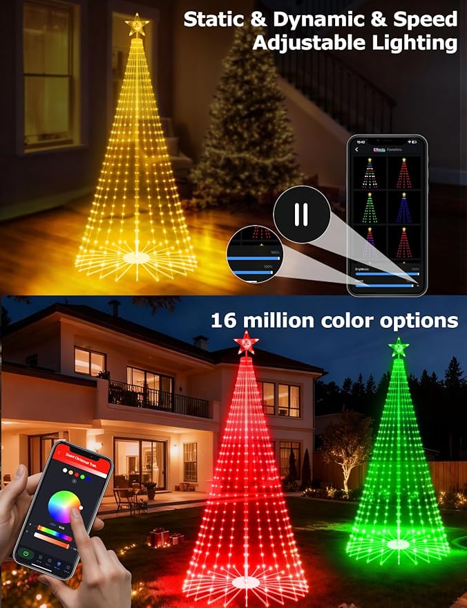 8FT Outdoor Christmas Tree, Smart RGBW Lighted Christmas Cone Tree App and Remote Control, DIY Multi-Color Lightshow 355 LEDs Christmas Tree with Timer and Music Sync, Christmas New Year Decoration
