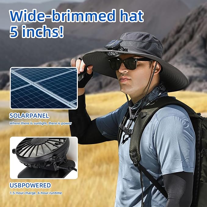 Wide Brim Solar/USB Rechargeable Fan Hat Adjustable Cooling Sun Hat for Men&Women, Outdoor Fishing Gardening Hats&Sunglasses