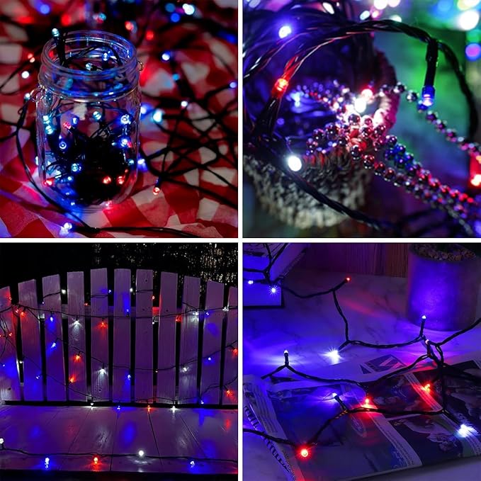 4th of July Patriotic Decoration, 500 LED Red White and Blue Lights with 8 Modes, Outdoor Waterproof String Lights for Fourth of July, Memorial Day, Independence Day Decor