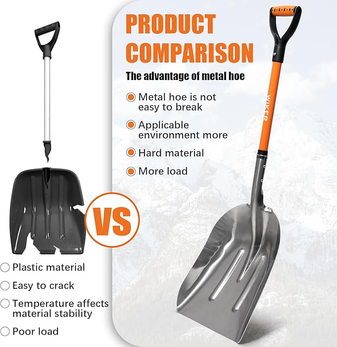 WIKER Aluminum Snow Shovel for Driveway, 45-Inch Large Capacity Blade, 3.5lbs Lightweight with Fiberglass D-Grip Handle, Heavy Duty Metal Snow Removal Tool for Home and Garden