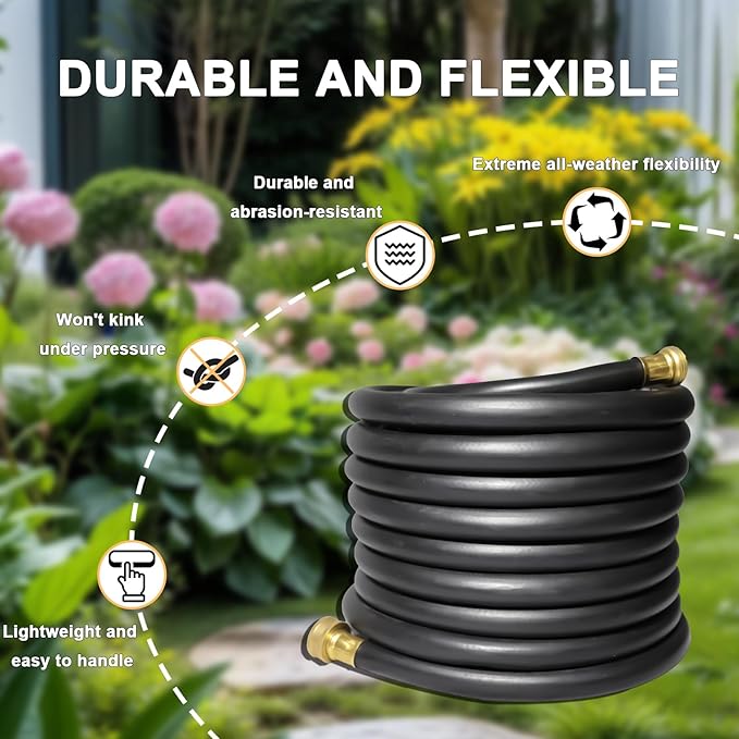 Aain 100FT 5/8 Heavy Duty Flexible Durable Rubber Garden Hose with Brass Fittings Kink Free Leakproof for Gardening Agriculture Car Washing Black