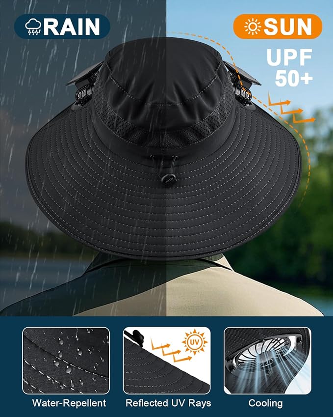 Wide Brim Sun Hat with 2 Solar Fan, Sun Bucket Hat for Men Women, UPF 50+ Bucket Fishing & Beach Hat with Fan