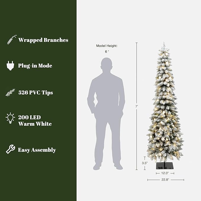 LuxenHome 7FT Flocked Christmas Tree, Slim Pencil Christmas Tree Pre-lit with 200 Warm White LED Globe Lights, Lighted Artificial Christmas Trees with Stand for Indoor, Outdoor Holiday Decorations