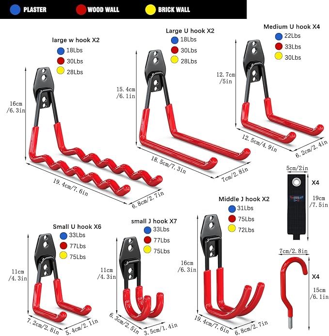 3-H Garage Wall Hooks 31 Pack, Garage Hooks Heavy Duty with Extra Welding Spots, Garage Organizer for Garden, Lawn, Yard Tools, Chairs, Ladders, Weed Eater, Shovel, Blower (Red)