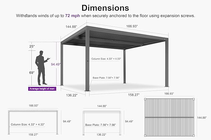 PURPLE LEAF Louvered Pergola 12' x 14' Outdoor Retractable Modern Hardtop Full Aluminum Pergola with Adjustable Rainproof Roof and 24 White LED String Lights for Patio Deck Backyard Slate Grey