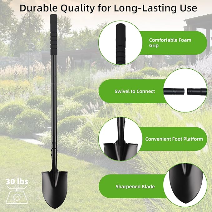 43.7Inches Small Spade Trench Shovel with Heavy Duty Steel Handle Garden Tools, Small Shovel for Digging Gardening Camping Yardwork Car, Black