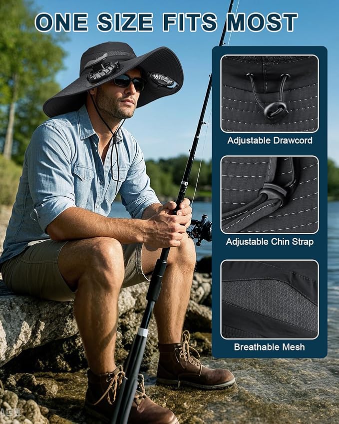 Wide Brim Sun Hat with 2 Solar Fan, Sun Bucket Hat for Men Women, UPF 50+ Bucket Fishing & Beach Hat with Fan