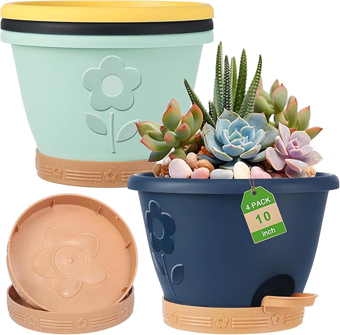 Plastic Plant Pots 10 Inch Set of 4, Self Watering Pots with Drainage Holes, Saucer & Reservoir, Flower Pots for Indoor/Outdoor Plants, Decorative Nursery Planting Pots (Multicolor)