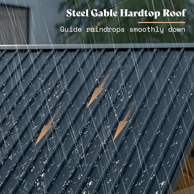 10x12 FT Wood Gazebo, Hardtop Pergola with Steel Gable Roof, Outdoor Gazebo with Guest House for Garden, Porch, Patio, Black + Natural Wood