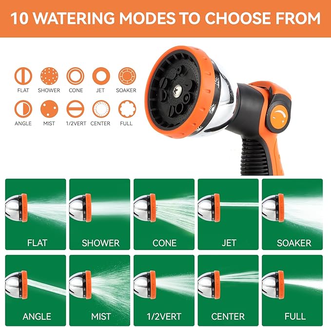 Garden Water Hose Nozzle Metal Heavy Duty Sprayer Thumb Control with 10 Spray Modes Suitable for Watering Plants, Iawn and Garden, Car Washing, Cleaning, Showering Pets and Outdoor Fun, Orange