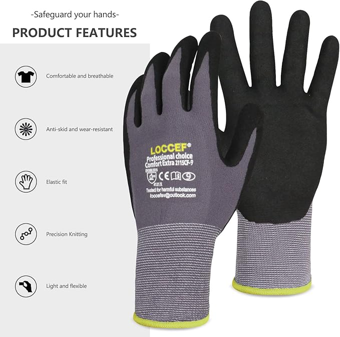 LOCCEF Work Gloves MicroFoam Nitrile Coated-6 Pairs,Seamless Knit Nylon Gloves,Gray Work gloves