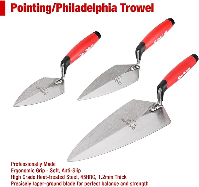 Goldblatt 6PCS Masonry Hand Tool Set - 11" x 5-1/2" Philadelphia Brick Trowel, 2PC Pointing Trowel, 5" x 2" Margin Trowel, 1/2" Tuck Pointing Trowel, 5/8” x 1/2” Convex Brick Jointer
