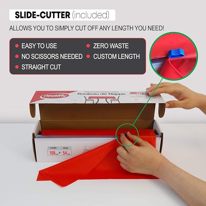 Neatiffy Disposable Plastic Table Cloth Roll | 54 in x 108 Ft Waterproof Tablecloth | Table Cover for Rectangle, Square, Round Oval Tables | Picnic, Party, Banquet, Birthdays, Weddings - Red