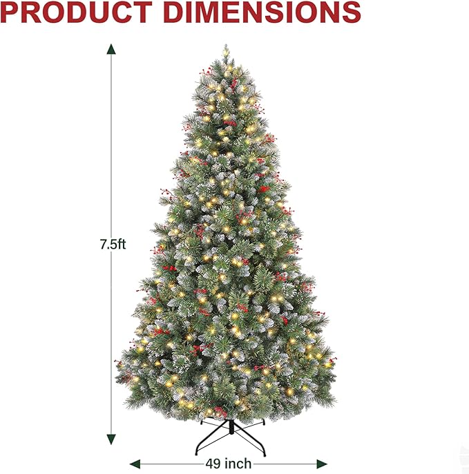 Hykolity 7.5 ft Prelit Snow Flocked Christmas Tree, Partially Frosted Xmas Pine Tree with Red Berries, 350 Warm White Lights, 1372 PVC Branch Tips, Metal Stand and Hinged Branches