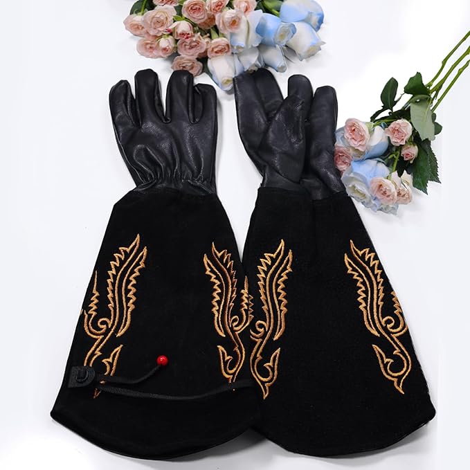 Gardening Gloves Thorn Proof for Rose Pruning & Cactus Trimming, Cowboy Western Style Long Leather Garden Gloves for Women & Men (Western Style, Medium)