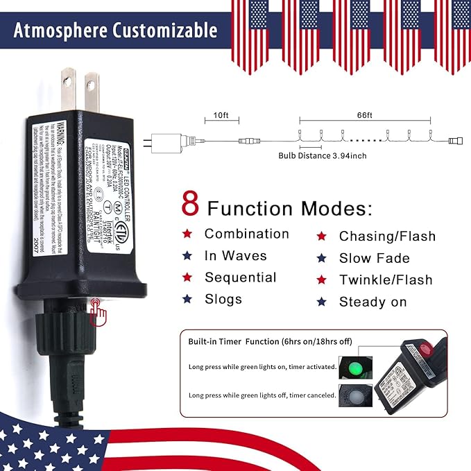 JMEXSUSS 200 LED 66ft Red White and Blue Lights Outdoor, Expandable Waterproof 4th of July Lights, 8 Modes Patriotic String Lights Plug in for 4th of July Tree Independence Day Indoor Decorations