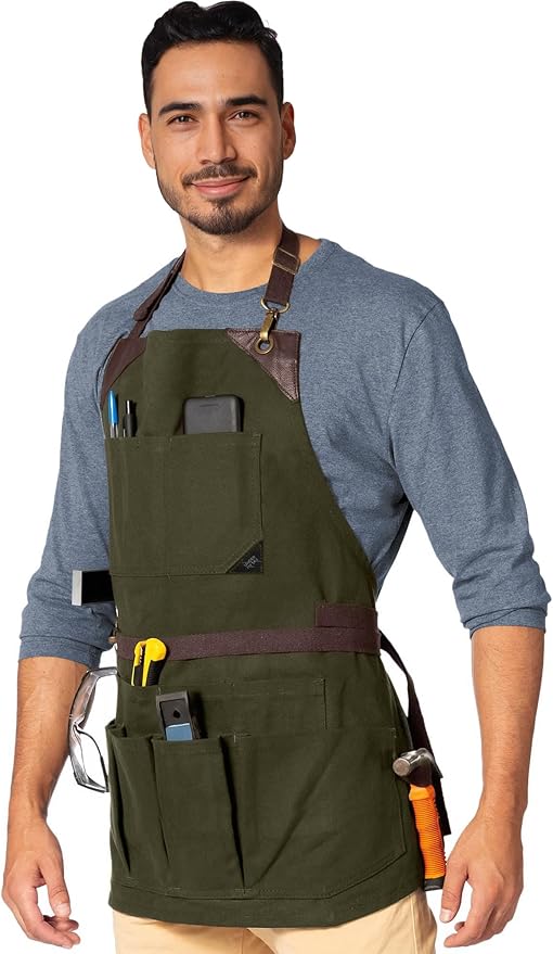 Under NY Sky Tool Forest Green Apron – Heavy-Duty Waxed Canvas, Leather Reinforcement, Extra Pockets – Adjustable for Men and Women – Pro Mechanic, Woodworker, Blacksmith, Plumber, Electrician Aprons