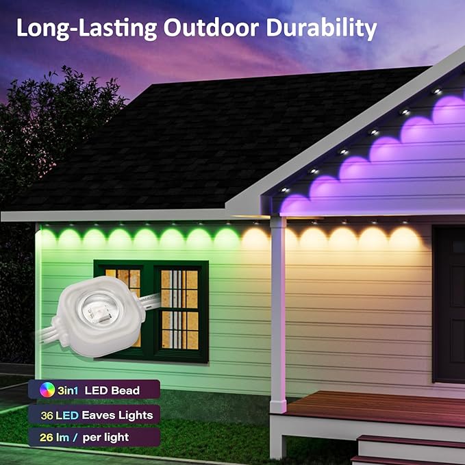 50FT Permanent Outdoor Smart RGB Color-Changing LED Eaves Lights, App Control, Perfect for Game Day, Christmas, and Daily Lighting
