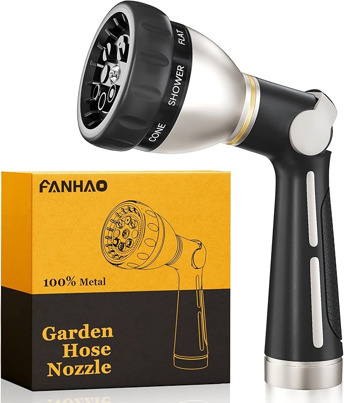 FANHAO Garden Hose Nozzle 100% Heavy Duty Metal, Water Hose Sprayer High Pressure with 8 Spray Patterns, Thumb Control, On Off Valve for Garden Watering, Car and Pet Washing