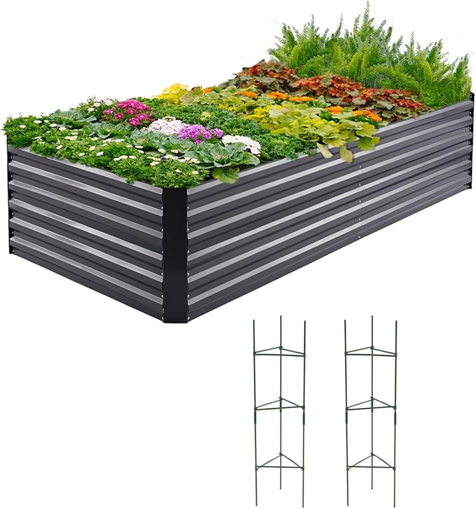 Quictent Galvanized Raised Garden Bed 8x4x2 Ft Tall Metal Planter Box for Vegetables Bottomless for Backyard, 2 Tomato Cages Included, 22.04" Deep, Dark Grey