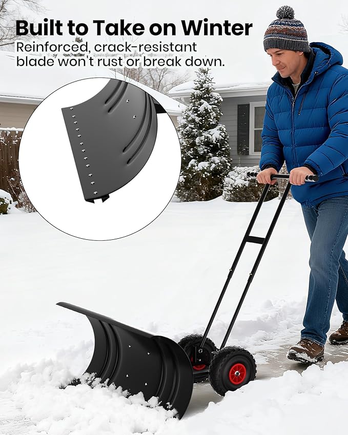 36" Snow Pusher Shovel with Wheels, Adjustable Ergonomic T-Handle Snow Plow for Driveway, Heavy Duty Wheeled Rolling Shovels for Driveway and Sidewalks with Angeled Blade