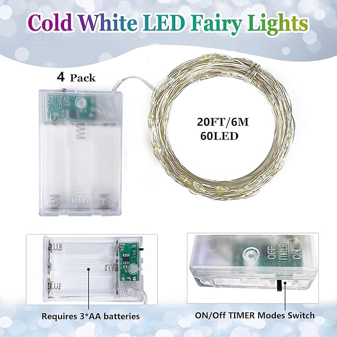 4 Pack 60 LED Christmas Fairy Lights Battery Operated with Timer, 20FT Waterproof Twinkle Lights Indoor Outdoor, String Lights for Bedroom, Wedding, DIY, Centerpiece, Christmas Decorations(Cool White)