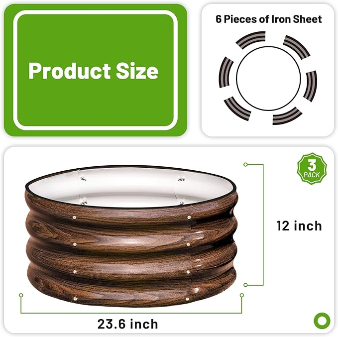 SnugNiture 3 Pcs 2x2x1ft Round Galvanized Raised Garden Bed Kit Outdoor, Metal Planter Box for Planting Plants Vegetables, Brown