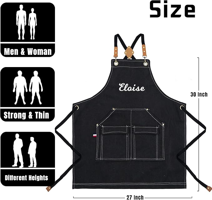 Personalized Chef Aprons for Men Women Canvas Cross Back Heavy Duty Work Apron for Coffee Shop Bartender Bistro Woodworking
