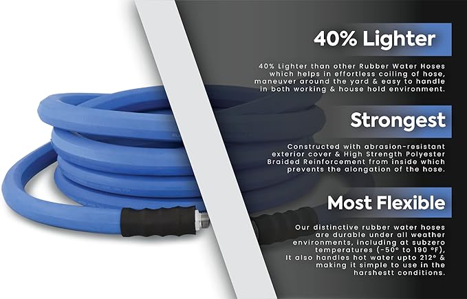 AG-LITE BSAL3450 3/4" x 50' Hot/Cold Water Rubber Garden Hose, 100% Rubber, Ultra-Light, Super Strong, 500 PSI, 50F to 190F Degrees, High Strength Polyester Braided