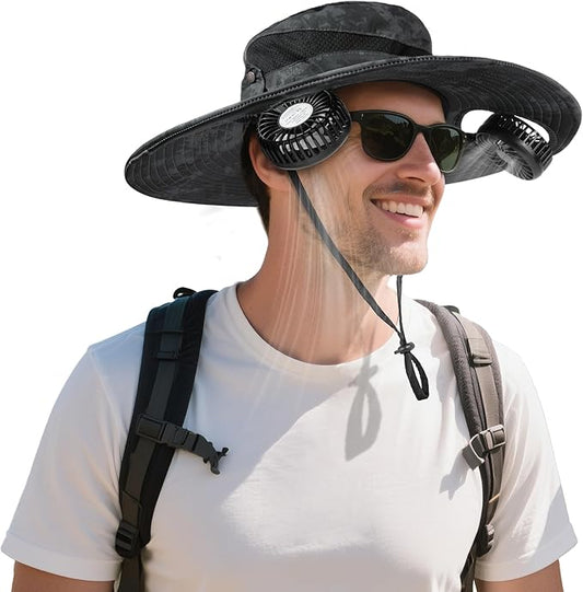 AMACOOL 2-in-1 Hands-Free Hat Fan with Detachable Neck Fan, UPF 50+ Wide Brim Sun Hat, 3-Speed Adjustable, 2600mAh Rechargeable Fishing Essentials for Men Women Camping Travel Delivery Outdoor-Camo