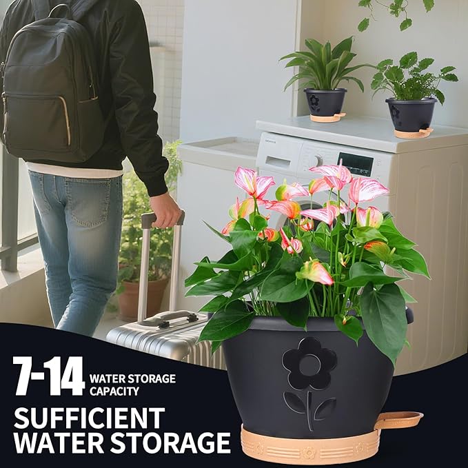 Plant Pots 10 Inch Set of 4, Self Watering Pots with Drainage Holes, Saucer & Reservoir, Flower Pots for Indoor/Outdoor Plants, Decorative Nursery Planting Pots (Black)