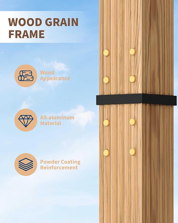 Garvee 10x13 Ft Outdoor Pergola with Retractable Canopy Aluminum Gazebo Imitation Wood-Grain Post with Side Mesh Screen Modern Pavilion for Backyard Deck(Beige+White)