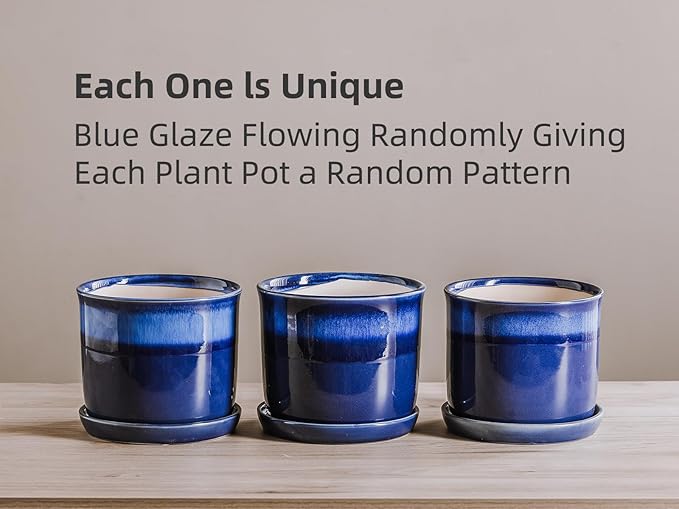5.8 Inch Plant Pot: Ceramic Planter with Drainage Hole & Saucer for Indoor Outdoor Plants - Flowerpot with Bonded Tray for Home Office - Blue Reactive Glaze