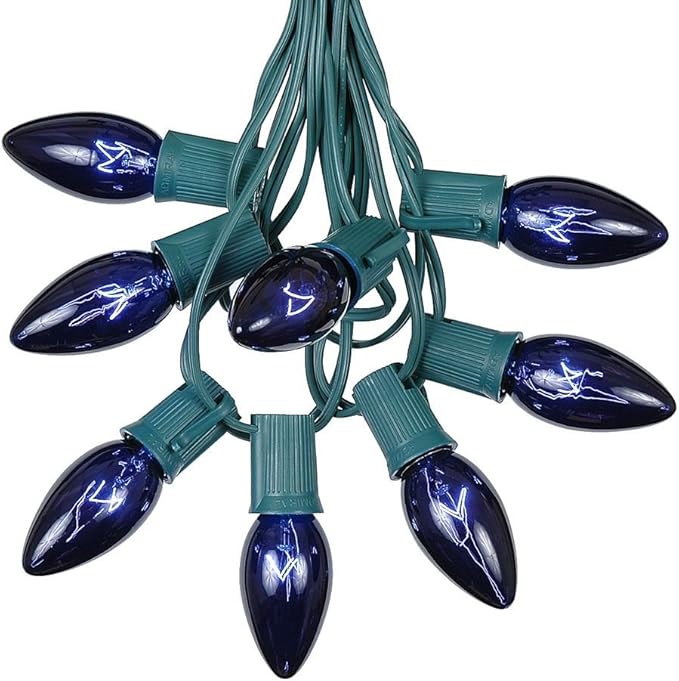 C9 Blue Outdoor Christmas Light Set - 25ft Hanging Roofline String Lights - Green Wire