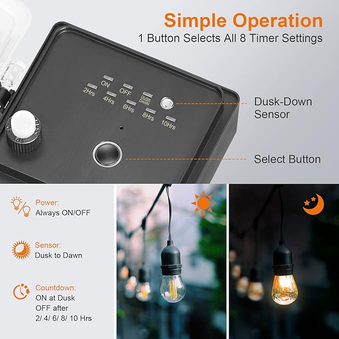 SURAIELEC Outdoor Power Stake Light Timer, Dusk to Dawn, 6 Electrical Outlet Power Strip Weatherproof, 6FT Extension Cord Multiple Outlet for Patio Lights, Sprinkler, Garden, Christmas Decorations