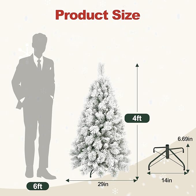 4 Ft Unlit Snow Flocked Christmas Tree, Artificial Xmas Tree with 350 PVC/PE Realistic Branch Tips, Metal Stand Decor for Holiday, Party, Home Easy to Assemble